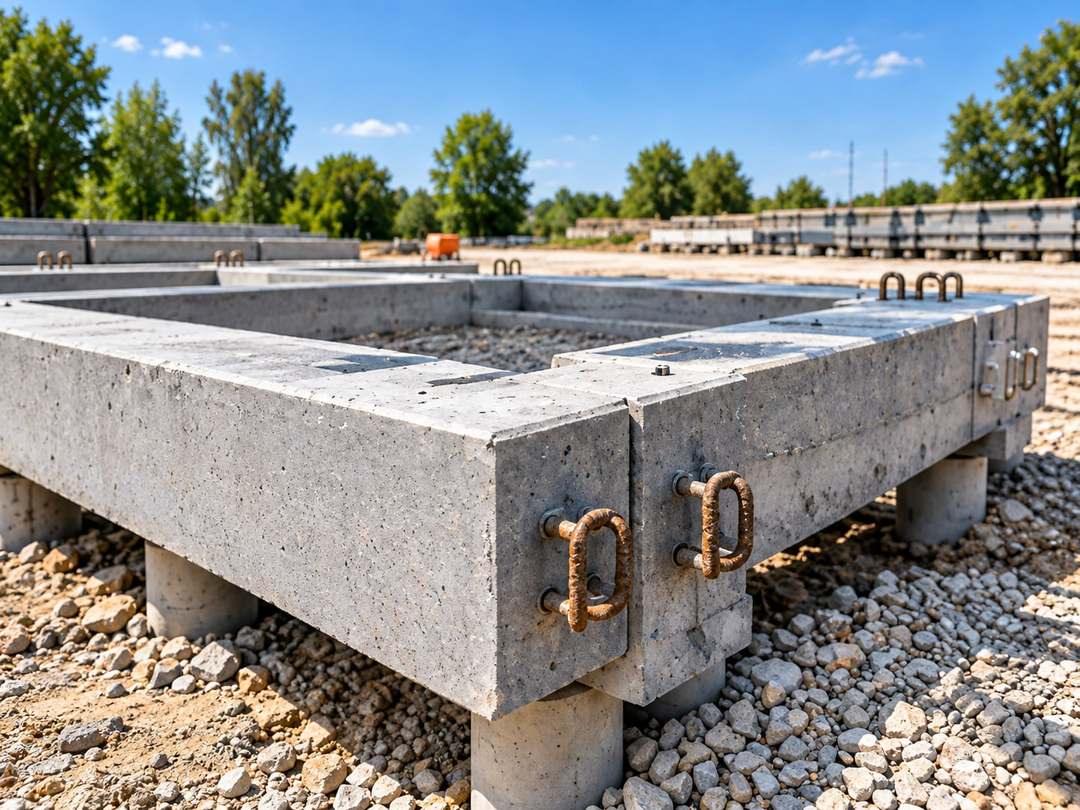 Prefab betonnen funderingsbalk met hijsogen, geplaatst op poeren in een grindbed