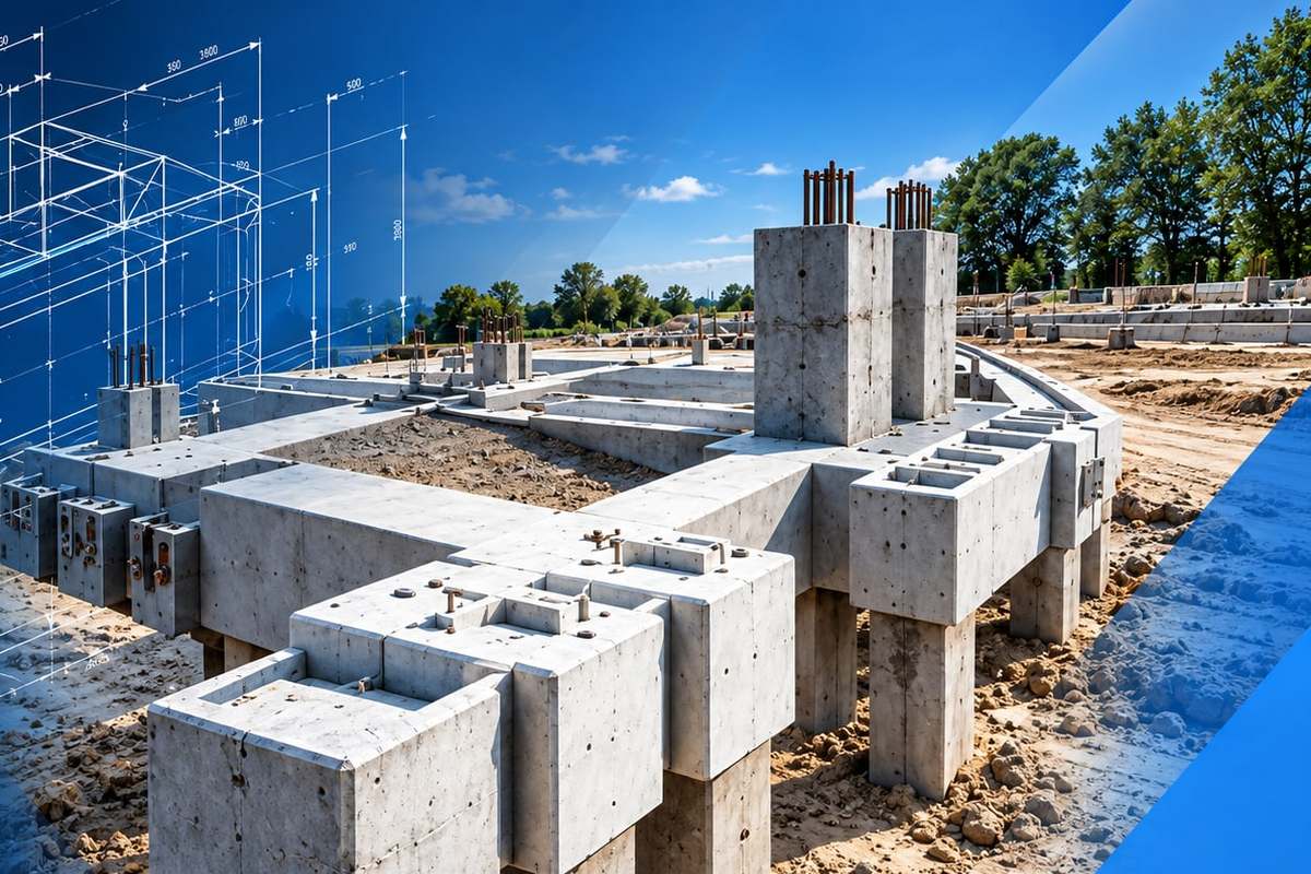 Prefab funderingsbalken en poeren op palen, met een technische tekening op de achtergrond